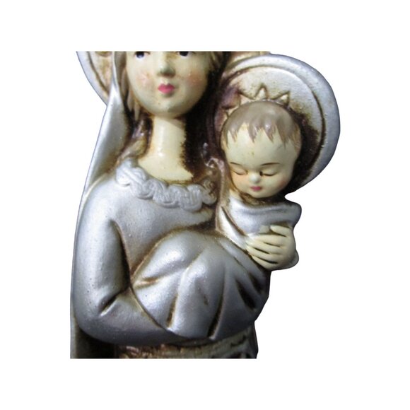 Vintage Papier Mache Madonna With Child Figurine Silver Tone Rhinestone Accents - Picture 12 of 16